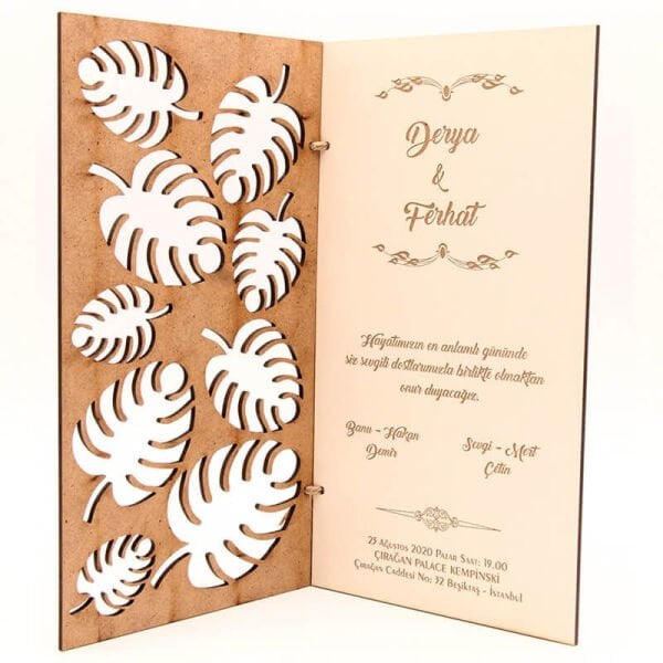 Ahşap Düğün Davetiyesi Modelleri 9 Yaprak Desenli Ahşap Davetiye AHD-3034c