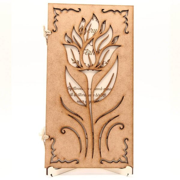 Ahşap Düğün Davetiyesi Modelleri Çiçek Desenli Ahşap Davetiye AHD-3033b