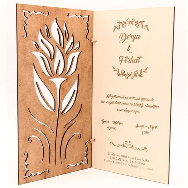 Ahşap Düğün Davetiyesi Modelleri Çiçek Desenli Ahşap Davetiye AHD-3033c