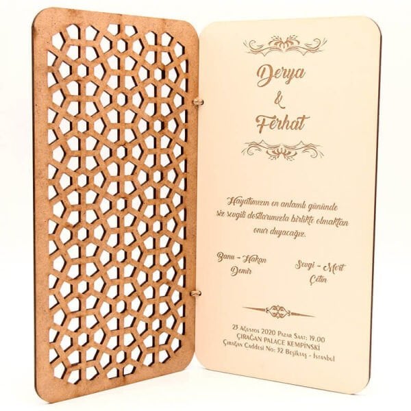 Ahşap Düğün Davetiyesi Modelleri Bal Peteği Desenli Ahşap Davetiye AHD-3031c