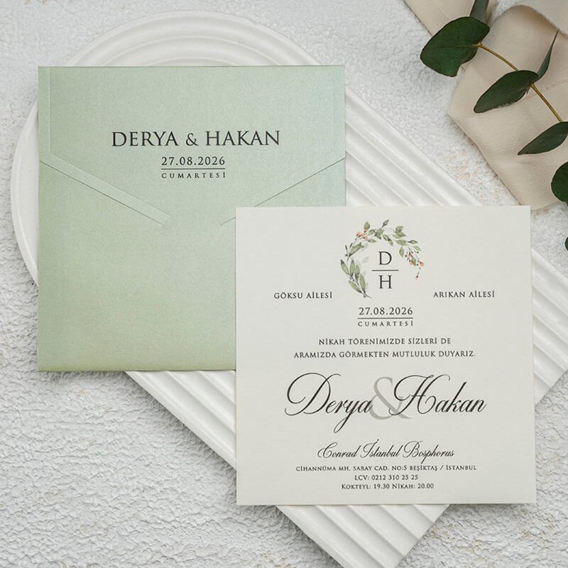 Su Yeşili Renkli Zarflı Kare Modern Düğün Davetiyesi Ekn-4768