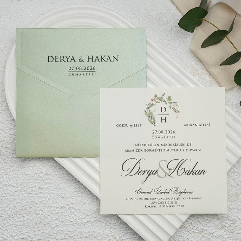 Su Yeşili Renkli Zarflı Kare Modern Düğün Davetiyesi Ekn-4768