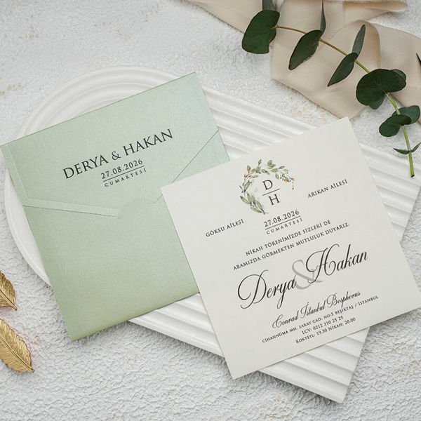 Su Yeşili Renkli Zarflı Kare Modern Düğün Davetiyesi Ekn-4768