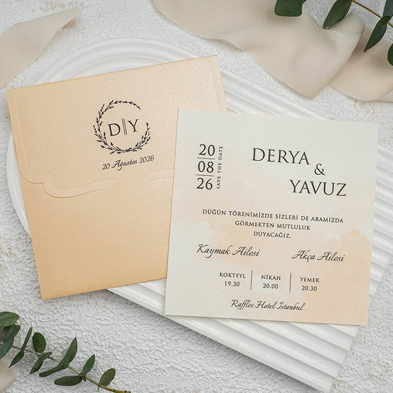 Somon Renkli Zarflı Kare Modern Düğün Davetiyesi Ekn-4769