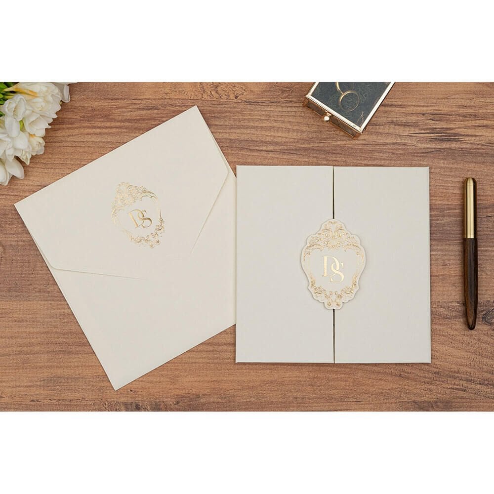 Düğün Davetiyesi Er-505104 | Krem Renk Karton Mühürlü Kalın Lüks Davetiye