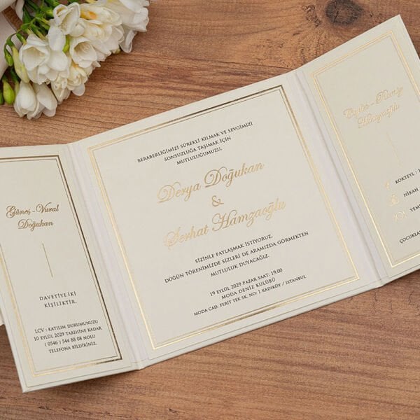Düğün Davetiyesi Er-505104 | Krem Renk Karton Mühürlü Kalın Lüks Davetiye