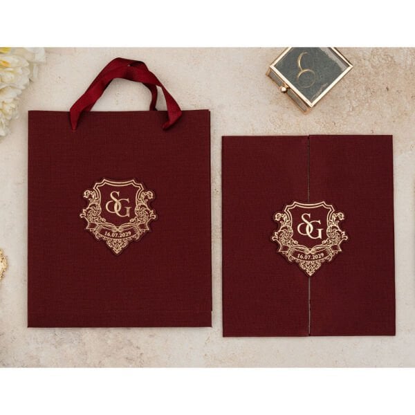 Düğün Davetiyesi Er-505113 | Bordo Renk Çantalı Zarflı Karton Mühürlü Kalın Lüks Davetiye
