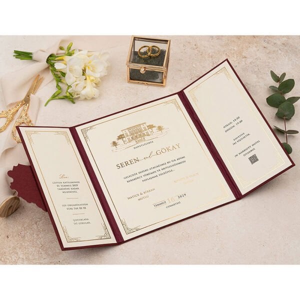Düğün Davetiyesi Er-505113 | Bordo Renk Çantalı Zarflı Karton Mühürlü Kalın Lüks Davetiye
