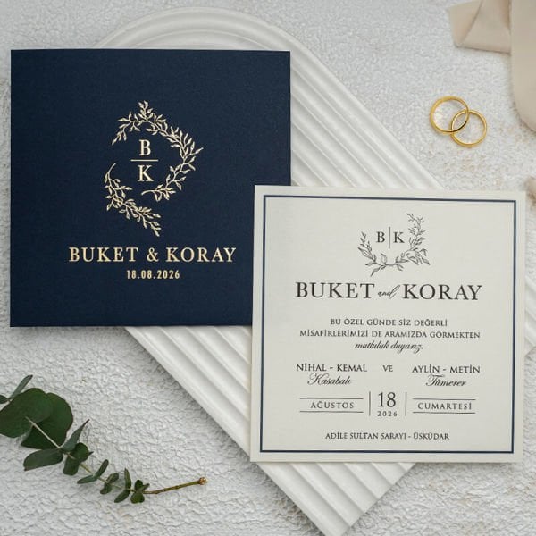 Lacivert Renk Zarflı Kare Modern Düğün Davetiyesi Ekn-4760