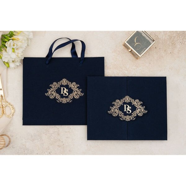 Düğün Davetiyesi Er-505108 | Lacivert Renk Çanta Zarflı Karton Mühürlü Kalın Lüks Davetiye