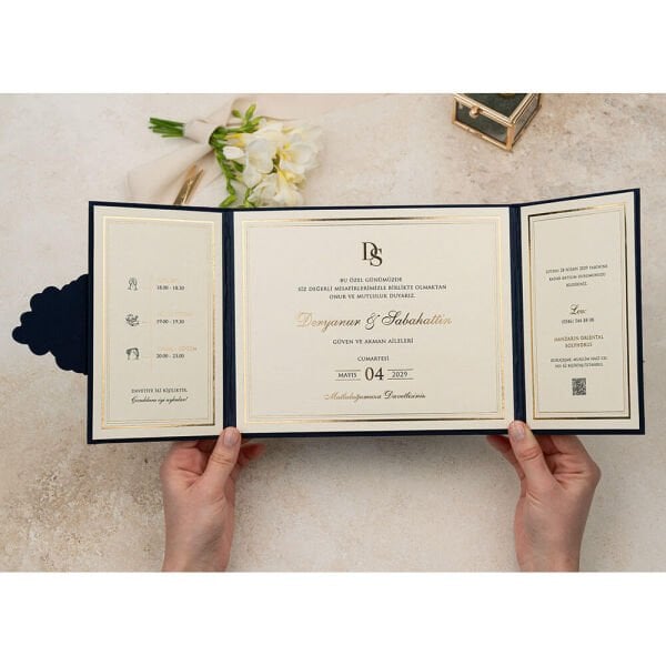 Düğün Davetiyesi Er-505108 | Lacivert Renk Çanta Zarflı Karton Mühürlü Kalın Lüks Davetiye