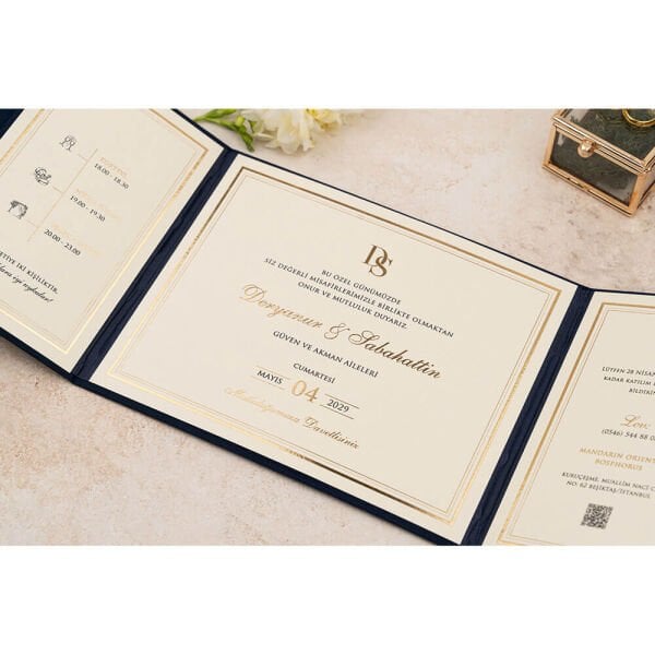Düğün Davetiyesi Er-505108 | Lacivert Renk Çanta Zarflı Karton Mühürlü Kalın Lüks Davetiye