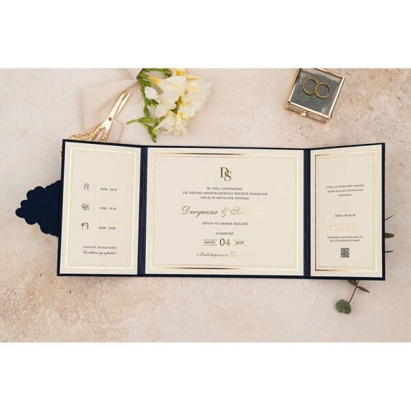 Düğün Davetiyesi Er-505108 | Lacivert Renk Çanta Zarflı Karton Mühürlü Kalın Lüks Davetiye