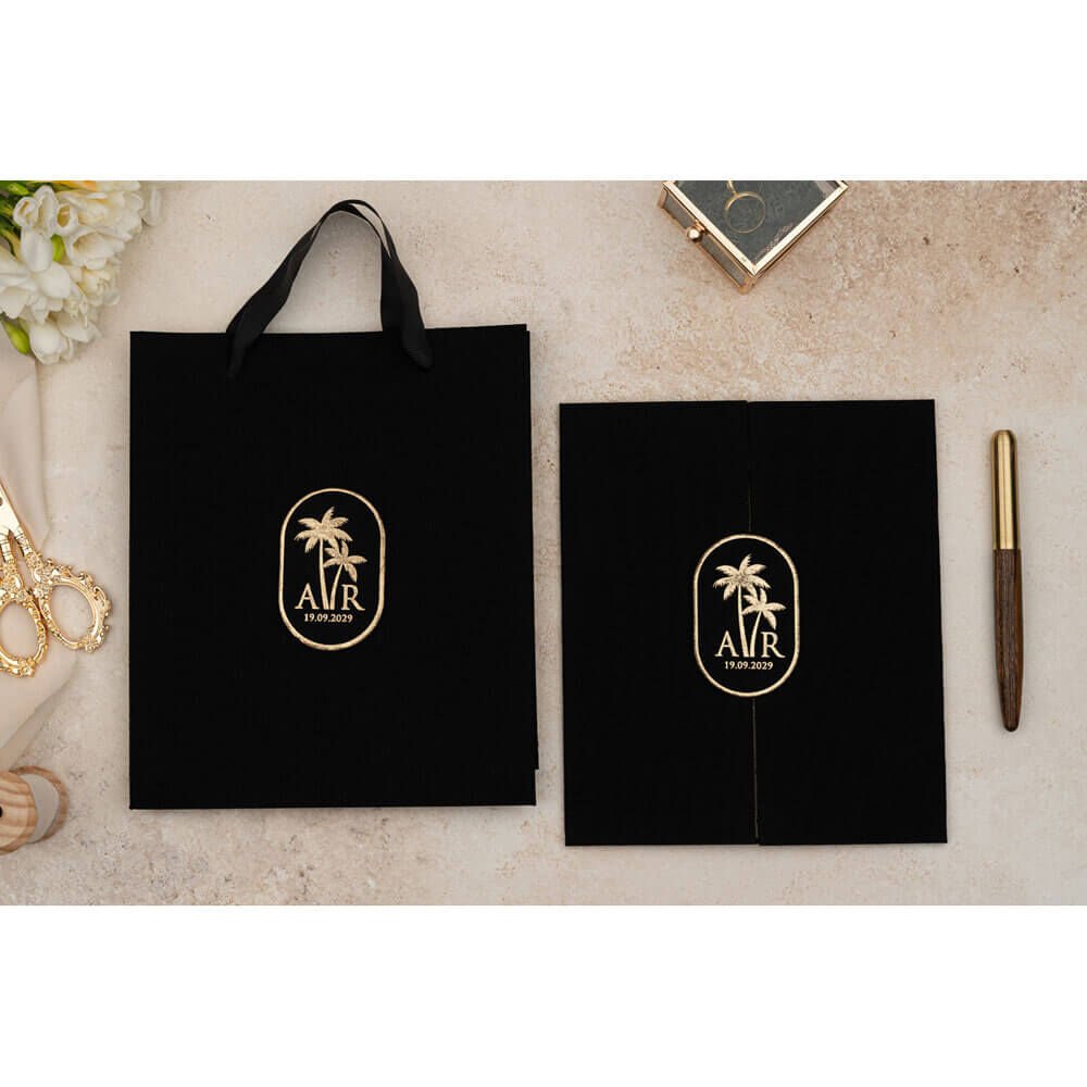 Düğün Davetiyesi Er-505106 | Siyah Renk Çanta Zarflı Karton Mühürlü Kalın Lüks Davetiye