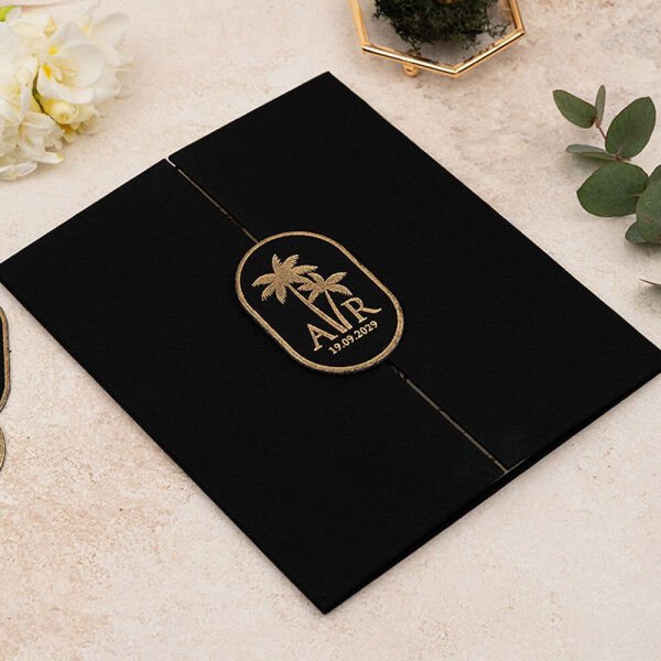 Düğün Davetiyesi Er-505106 | Siyah Renk Çanta Zarflı Karton Mühürlü Kalın Lüks Davetiye