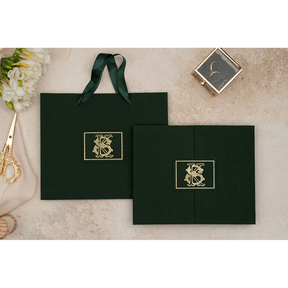 Düğün Davetiyesi Er-505107 | Yeşil Renk Çanta Zarflı Karton Mühürlü Kalın Lüks Davetiye