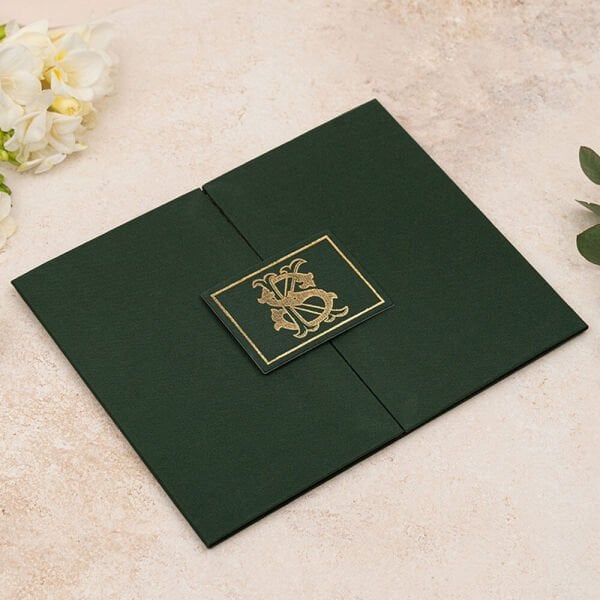 Düğün Davetiyesi Er-505107 | Yeşil Renk Çanta Zarflı Karton Mühürlü Kalın Lüks Davetiye