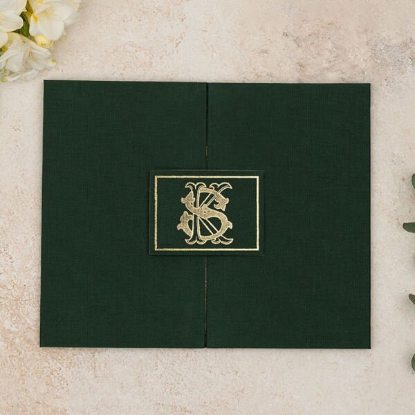 Düğün Davetiyesi Er-505107 | Yeşil Renk Çanta Zarflı Karton Mühürlü Kalın Lüks Davetiye