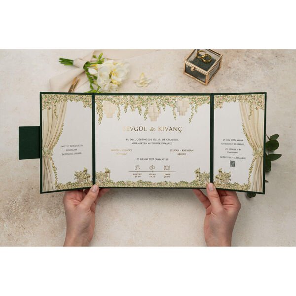 Düğün Davetiyesi Er-505107 | Yeşil Renk Çanta Zarflı Karton Mühürlü Kalın Lüks Davetiye