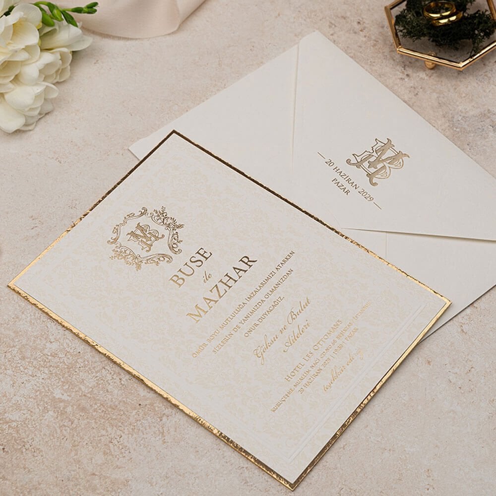 Düğün Davetiyesi Er-505143 | Krem Renk Zarflı Kalın Lüks Davetiye