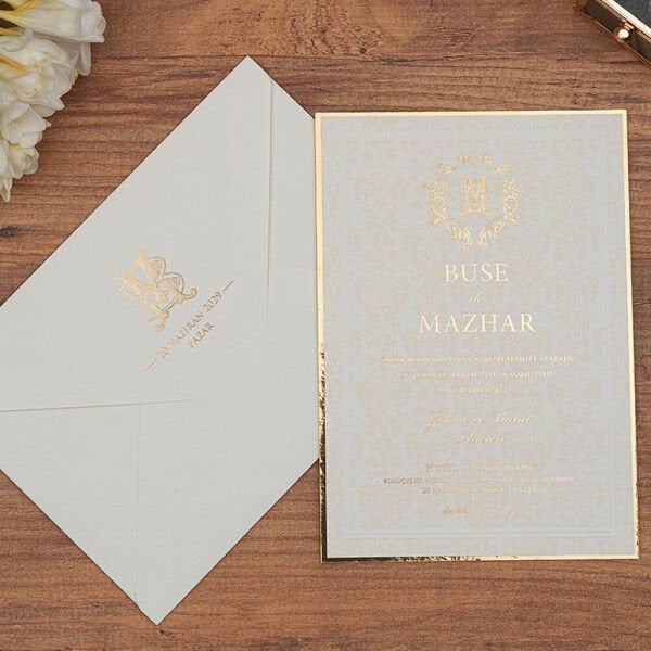 Düğün Davetiyesi Er-505143 | Krem Renk Zarflı Kalın Lüks Davetiye