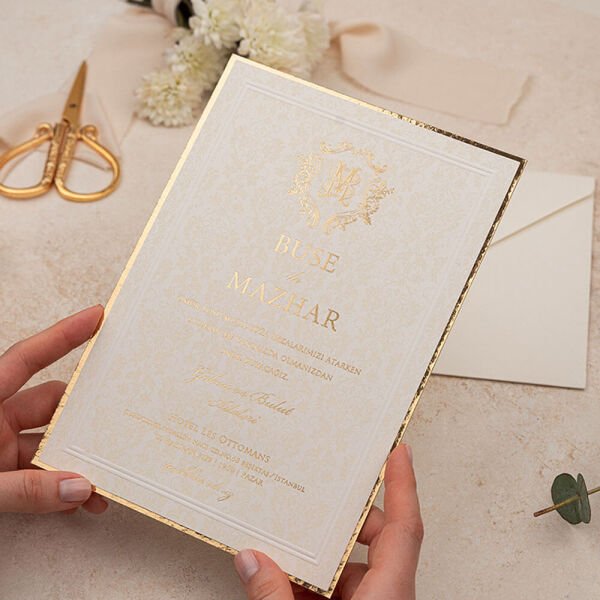 Düğün Davetiyesi Er-505143 | Krem Renk Zarflı Kalın Lüks Davetiye