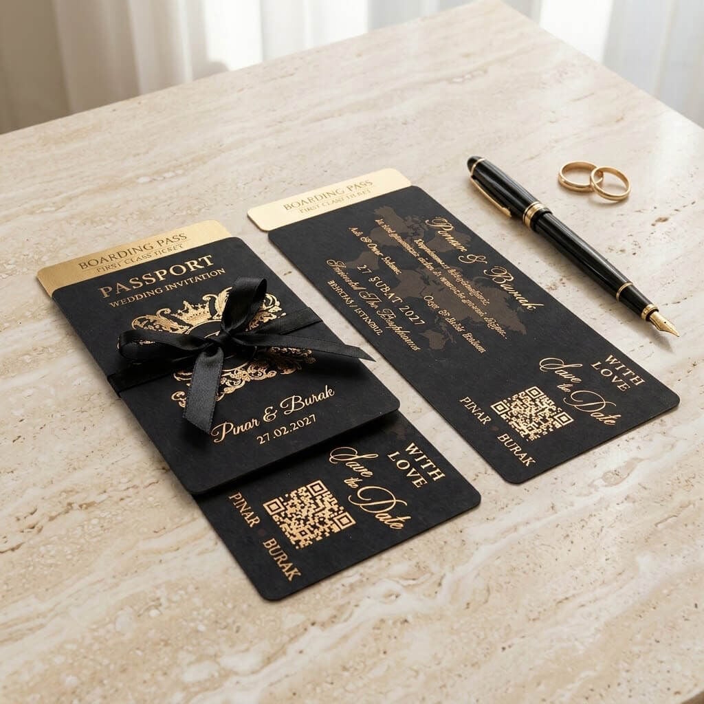 Düğün Davetiyesi Ar-602613 Pasaport ve Uçak Bileti Tasarımlı Siyah Renk İlginç Davetiye