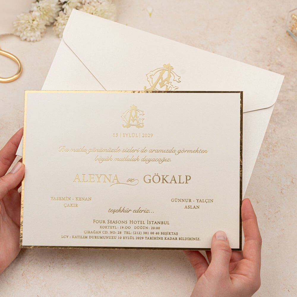 Düğün Davetiyesi Er-505139 | Krem Renk Zarflı Kalın Lüks Davetiye