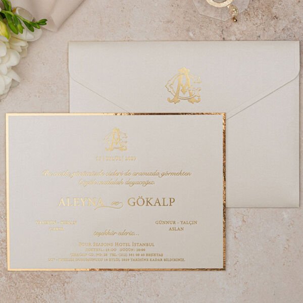 Düğün Davetiyesi Er-505139 | Krem Renk Zarflı Kalın Lüks Davetiye