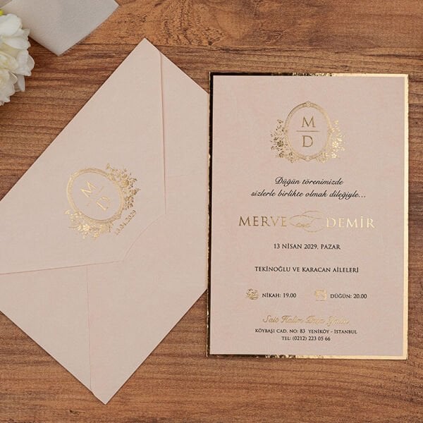 Düğün Davetiyesi Er-505146 | Rose Renk Zarflı Kalın Lüks Davetiye