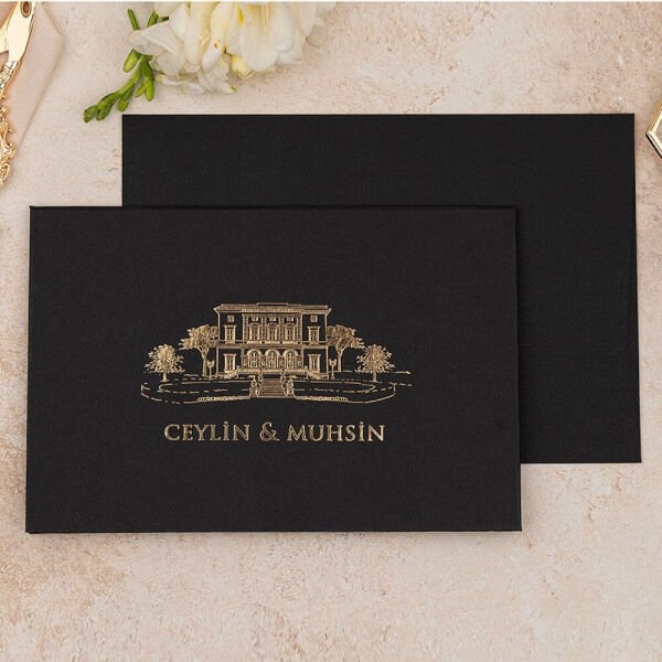 Düğün Davetiyesi Er-505102 | Siyah Renk Zarflı Katlamalı Kalın Lüks Davetiye