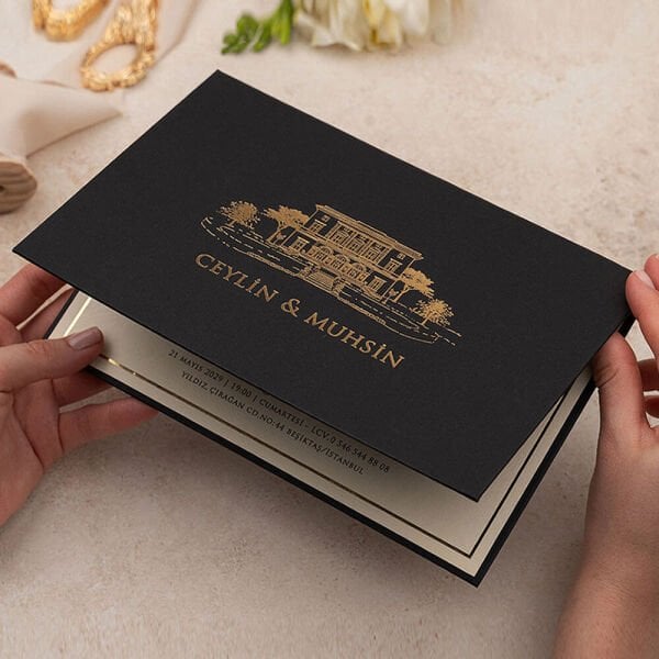Düğün Davetiyesi Er-505102 | Siyah Renk Zarflı Katlamalı Kalın Lüks Davetiye