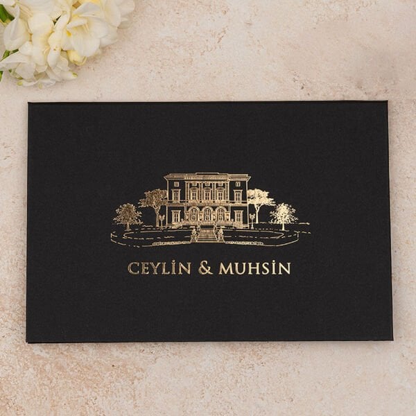 Düğün Davetiyesi Er-505102 | Siyah Renk Zarflı Katlamalı Kalın Lüks Davetiye