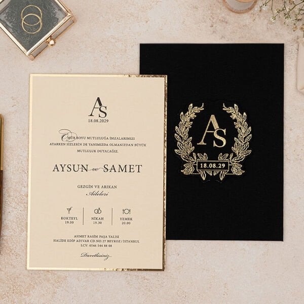 Düğün Davetiyesi Er-505134 | Siyah Renk Zarflı Karton Mühürlü Kalın Lüks Davetiye