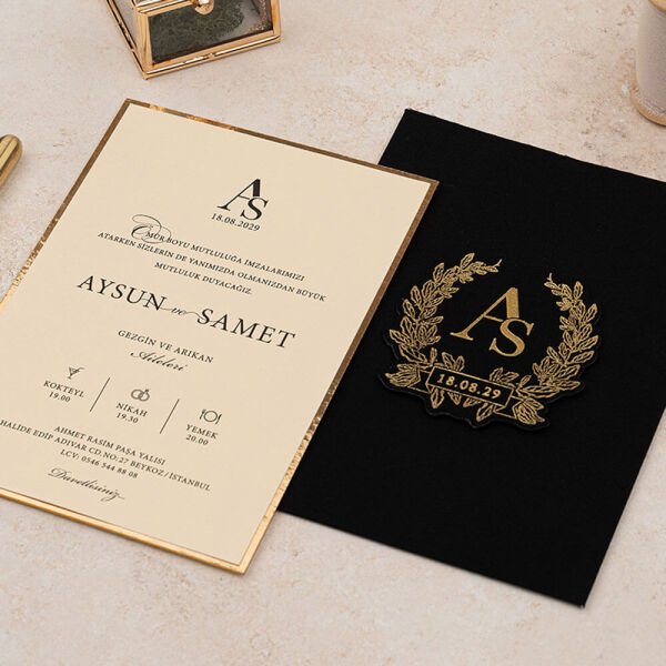 Düğün Davetiyesi Er-505134 | Siyah Renk Zarflı Karton Mühürlü Kalın Lüks Davetiye