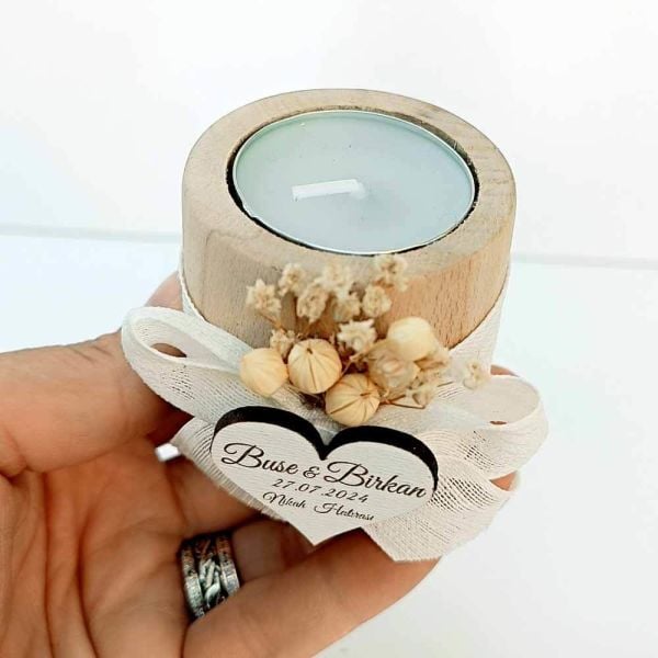 Nikah Şekeri Hediyeliği Naturel Silindir Ahşap Mumluk Nks-219