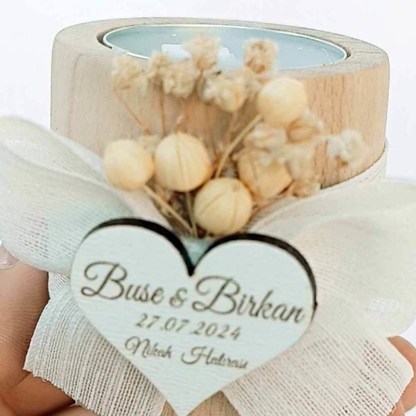 Nikah Şekeri Hediyeliği Naturel Silindir Ahşap Mumluk Nks-219