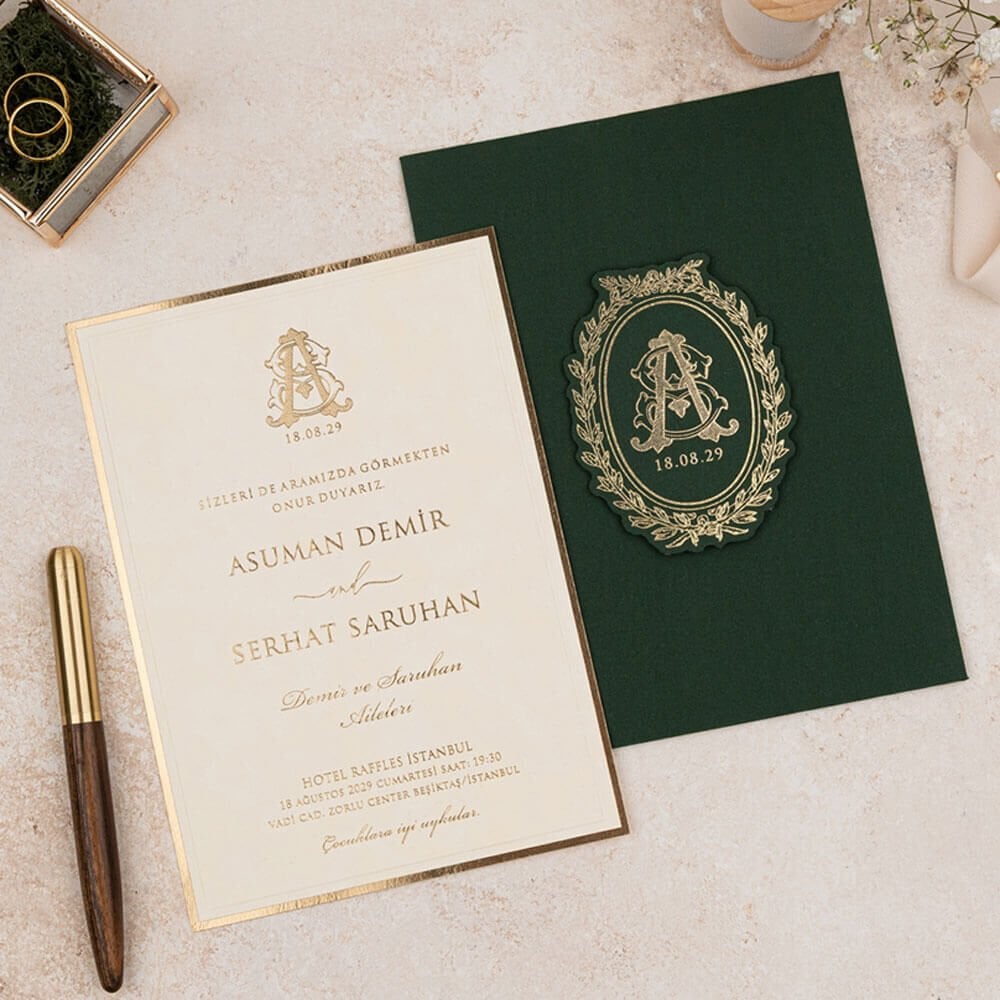 Düğün Davetiyesi Er-505137 | Yeşil Renk Zarflı Karton Mühürlü Kalın Lüks Davetiye