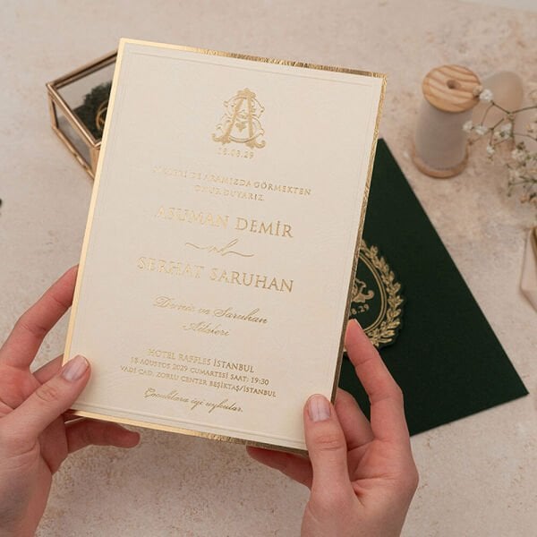 Düğün Davetiyesi Er-505137 | Yeşil Renk Zarflı Karton Mühürlü Kalın Lüks Davetiye