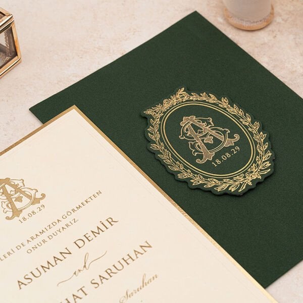 Düğün Davetiyesi Er-505137 | Yeşil Renk Zarflı Karton Mühürlü Kalın Lüks Davetiye