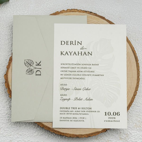 Soft Renk Zarflı Yaprak Filigranlı Modern Düğün Davetiyesi Ekn-4746