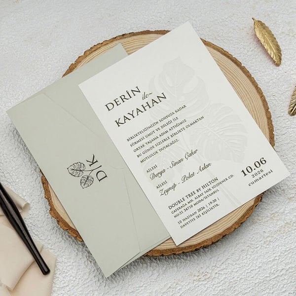 Soft Renk Zarflı Yaprak Filigranlı Modern Düğün Davetiyesi Ekn-4746