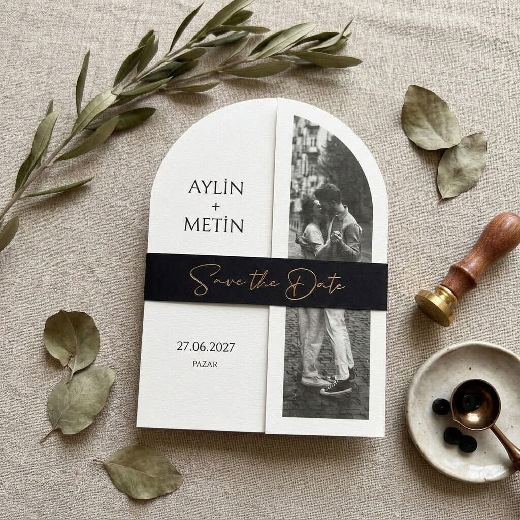 Düğün Davetiyesi Ar-602618 Gelin Damat Resimli Krem Renk Zarfsız İlginç Davetiye