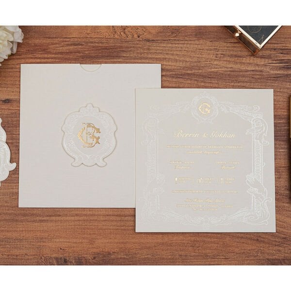 Düğün Davetiyesi Er-505124 | Karton Mühürlü Kabartma Desenli Kare Lüks Davetiye