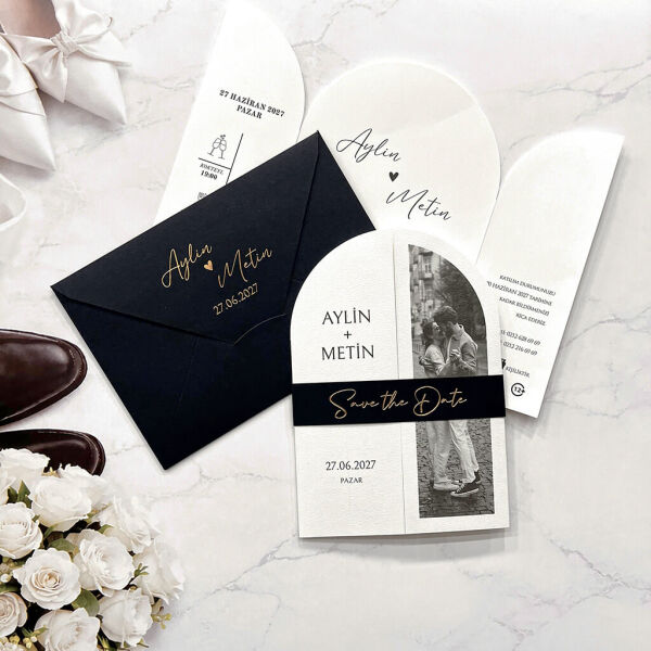 Düğün Davetiyesi Ar-602618Z Krem Renk Siyah Zarflı Gelin Damat Fotoğraflı Davetiye