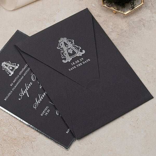 Düğün Davetiyesi Er-505133 | Füme Renk Zarflı Gümüş Varak Çerçeveli Kalın Lüks Davetiye