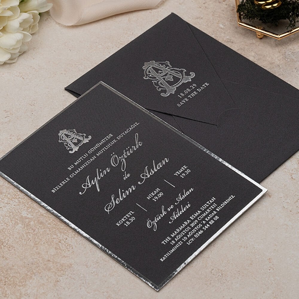 Düğün Davetiyesi Er-505133 | Füme Renk Zarflı Gümüş Varak Çerçeveli Kalın Lüks Davetiye