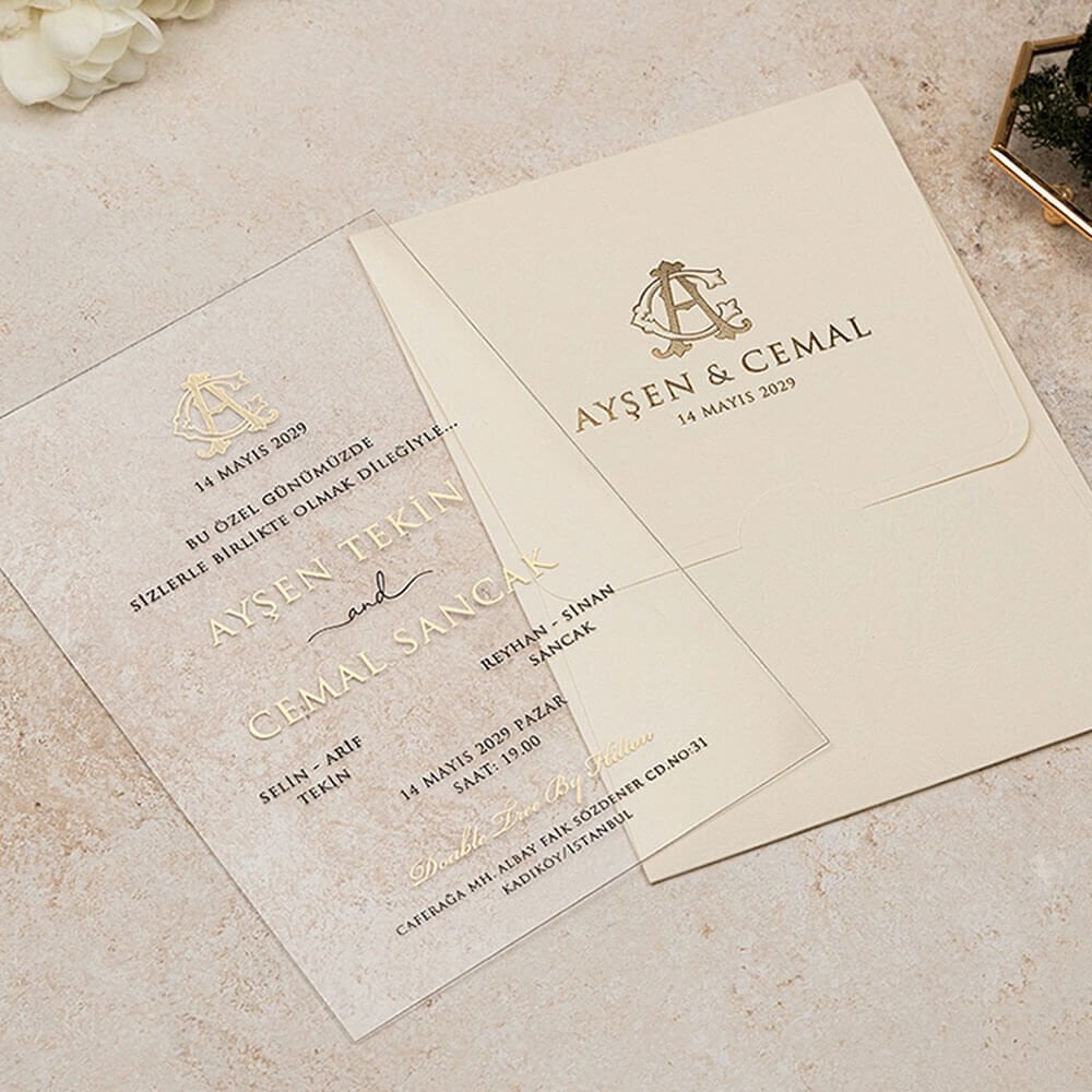 Düğün Davetiyesi Er-505135 | Bej Renk Mermer Desen Zarflı Şeffaf Davetiye