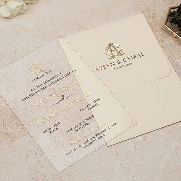 Düğün Davetiyesi Er-505135 | Bej Renk Mermer Desen Zarflı Şeffaf Davetiye