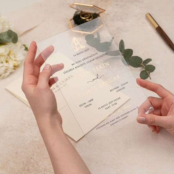 Düğün Davetiyesi Er-505135 | Bej Renk Mermer Desen Zarflı Şeffaf Davetiye